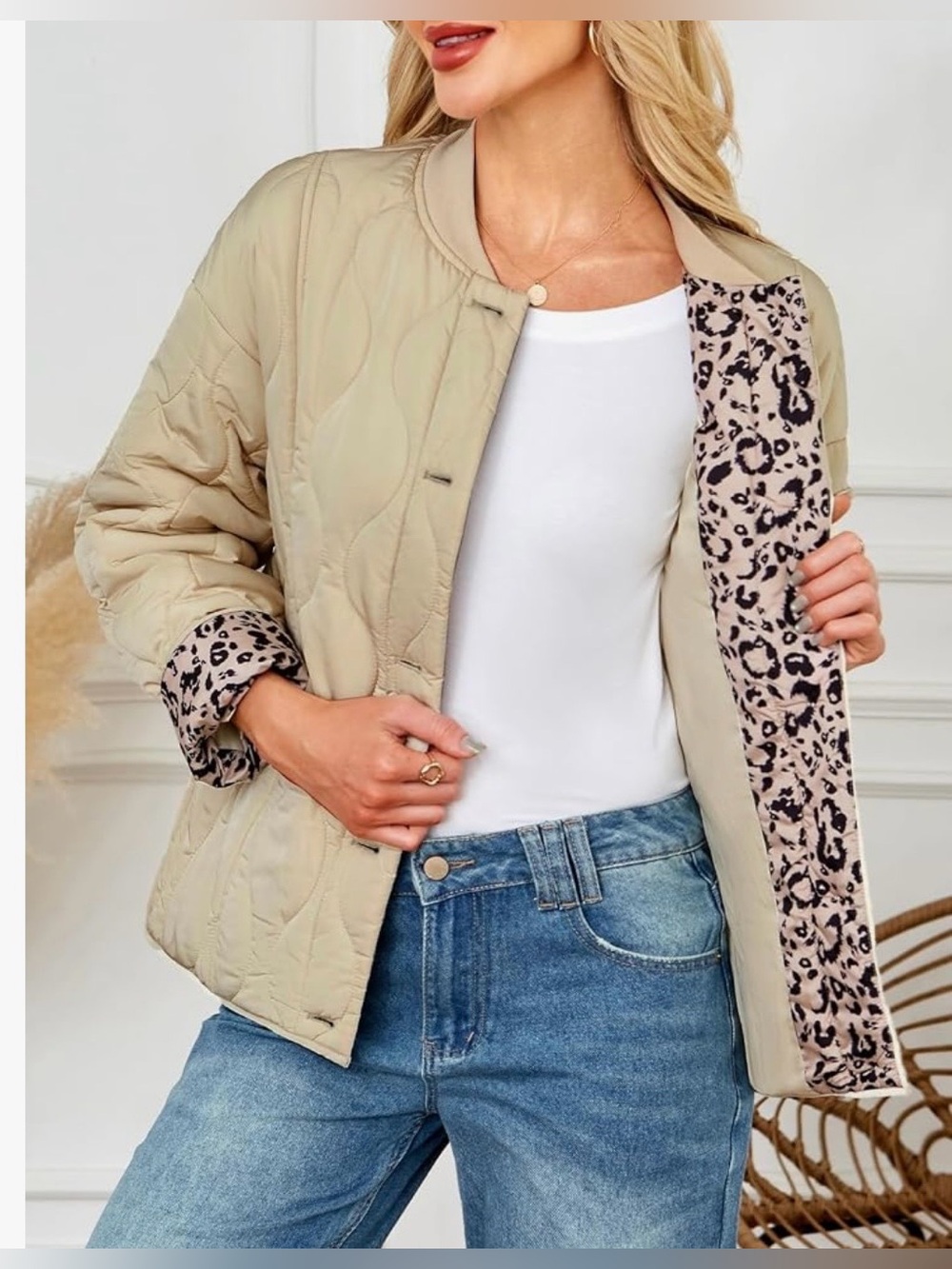 Dokotoo Apricot Beige Leopard Lined Quilted Jacket Large - Picture 4 of 6